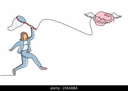 Eine durchgehende, einzeilige Geschäftsfrau versucht, fliegende Gehirne mit Schmetterlingsnetz zu fangen. Psychische Retardierung durch Hirnstörungen. Geisteskrankheit. Si Stock Vektor
