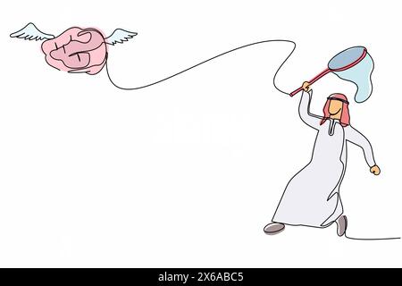 Durchgehend eine Linie zeichnender arabischer Geschäftsmann versucht fliegende Gehirne mit Schmetterlingsnetz zu fangen. Gesunden Geist für geniale Idee verlieren. Geschäftsmetapho Stock Vektor