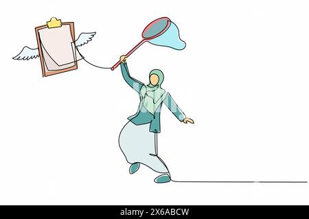 Eine durchgehende, einzeilige arabische Geschäftsfrau versucht, fliegende Klemmbretter mit Schmetterlingsnetz zu fangen. Fehlende Checkliste wichtiger Daten, Dokument. Sünde Stock Vektor