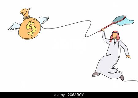 Ein arabischer Geschäftsmann versucht, fliegende Geldbeutel mit Schmetterlingsnetz zu fangen. Jahresbonus konnte nicht abgerufen werden. Geschäftsmetapher. Kontin Stock Vektor