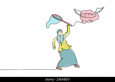 Eine einzige Linie zeichnende arabische Geschäftsfrau versucht, fliegende Hirne mit Schmetterlingsnetz zu fangen. Sie verlieren brillanten Geist oder kreatives Denkkonzept. Kontin Stock Vektor