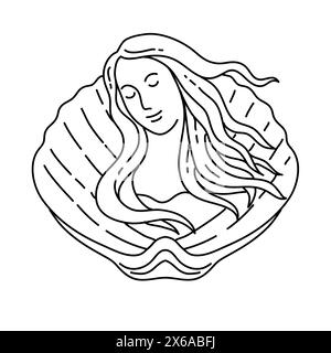 Mono-Line-Illustration von Venus, Meerjungfrau oder Sirene mit langen fließenden Haaren auf Muschelschale von vorne gesehen im Monoline-Line-Art-Stil. Stock Vektor