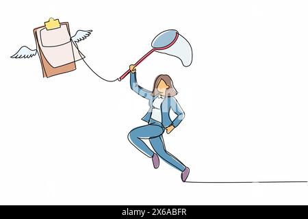 Eine durchgehende einzeilige Geschäftsfrau versucht, fliegende Klemmbretter mit Schmetterlingsnetz zu fangen. Fehlende Checkliste. Ungenaue Daten, Dokumente, Arbeitsschritte Stock Vektor