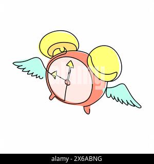 Durchgehende einzeilige Zeichnung fliegende Wecker mit Flügeln. Wecker mit Flügel, der am Himmel fliegt. Die Zeit vergeht, alles scheint ein vergängliches Konzept zu sein. S Stock Vektor