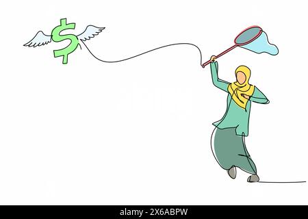 Eine durchgehende Linienzeichnung Arabische Geschäftsfrau versucht, fliegende Dollarsymbol mit Schmetterlingsnetz zu fangen. Die Inflation des Dollars führt dazu, dass die Preise steigen. Stock Vektor