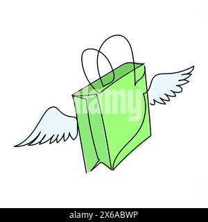 Durchgehende einzeilige Zeichnung fliegende Einkaufspapiertüte mit Flügeln. Lieferlogo-Symbol, Frachtversand-Dropship. Maskottchen im Online-Shop. Sünde Stock Vektor