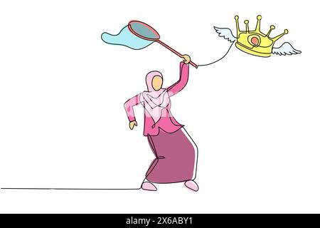 Eine einzelne durchgehende Linie zeichnet Schönheit Arabische Geschäftsfrau versucht, fliegende Krone mit Schmetterlingsnetz zu fangen. Er verliert den königlichen Titel eines arabischen Landes Stock Vektor