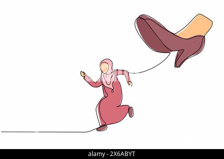 Eine einzige Linie zeichnet eine junge arabische Geschäftsfrau, die vor dem Stampfen des Fußes davonläuft. Büroangestellte, die vor einem riesigen unfairen Geschäftswettbewerb davonlaufen. Modern Stock Vektor