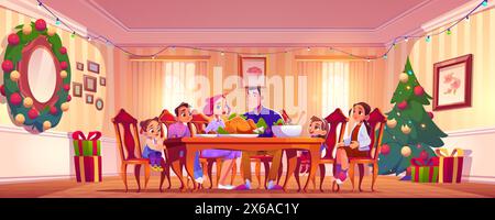 Große Familie an festlichem Tisch in gemütlichem Wohnraum mit Weihnachtsbaum und Dekoration. Cartoon Vektor Illustration von Weihnachten und Neujahr Abendessen. Mann, Frau und Kinder essen zusammen im Wohnzimmer Stock Vektor