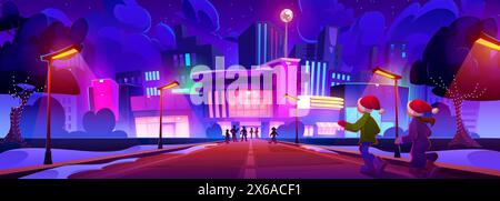 Leute, die am Weihnachtsabend in ein Einkaufszentrum gehen. Vektor-Cartoon-Illustration von Kindern in Weihnachtsmützen, Silhouetten von Erwachsenen in der Nähe des modernen Handelszentrums, nächtliche Stadtlandschaft, Girlanden auf Bäumen, Sternenhimmel Stock Vektor