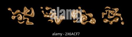3D abstrakte, goldfarbene flüssige Form. Design von Metallflüssigkeiten. Futuristisches Schokoladen-Ästhetik-WavyBlob-Set. Kreativer Blot mit Reflexion. Kakao Tropfen Explosion Dekorationssammlung isoliert auf Hintergrund Stock Vektor