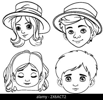 Vier Kindergesichter, zwei Jungen und zwei Mädchen Stock Vektor