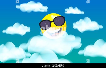 Sonne in Sonnenbrille Charakter Smiley Cartoon, blauer Himmel mit Wolken Stock Vektor