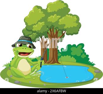 Zeichentrickfrosch fischt unter einem Baum am Teich Stock Vektor