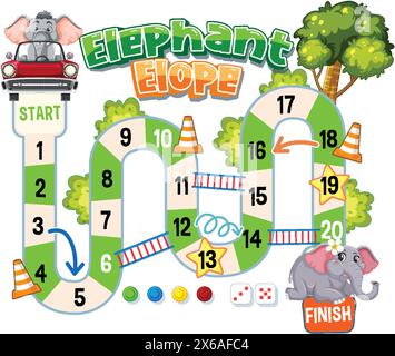 Buntes Brettspiel mit Elefanten und nummeriertem Pfad Stock Vektor