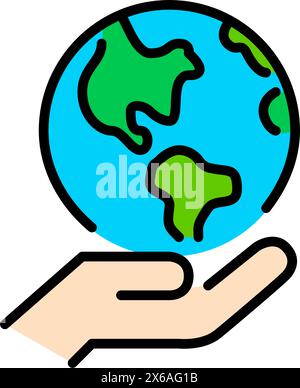Harmonisches Leben. Grüne und blaue Erde in der Hand. Umweltbewusstsein und Nachhaltigkeit. Pixelperfektes, bearbeitbares Konturvektorsymbol Stock Vektor