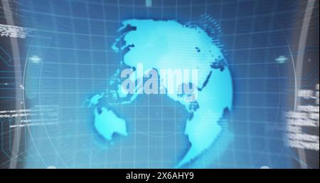 Bild: 6g-Text über rundem Scanner gegen Datenverarbeitung und Mikroprozessoranschlüsse Stockfoto