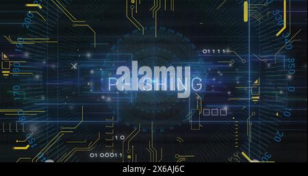 Bild von Phishing-Text und Datenverarbeitung über Leiterplatte auf dunklem Hintergrund Stockfoto