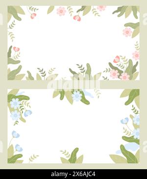 Banner mit Blumenmuster. Blaue und rosa Blumen und Blätter auf weißem Hintergrund. Horizontale, isolierte Poster. Vektorabbildung in abgewickelter Form. Stock Vektor