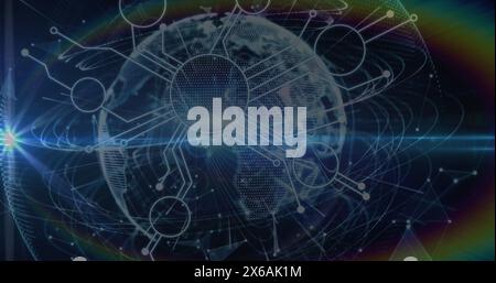 Bild von Regenbogenlinsen, Mikroprozessoranschlüssen und Lichtspuren über eine Kugel Stockfoto