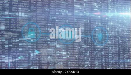 Abbildung eines grafischen Vorhängeschlosses, Kamera- und gps-Symbols im Kreis über wechselnden Binärcodes Stockfoto