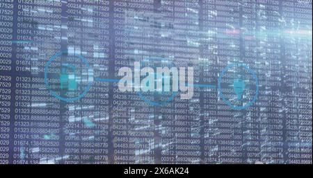 Abbildung eines grafischen Vorhängeschlosses, Kamera- und gps-Symbols im Kreis über wechselnden Binärcodes Stockfoto