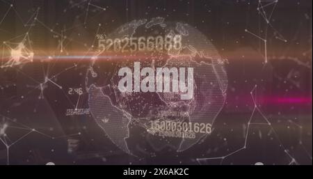 Bild von wechselnden Zahlen, Lichtspuren und einem Netzwerk von Verbindungen über sich drehende Globus Stockfoto