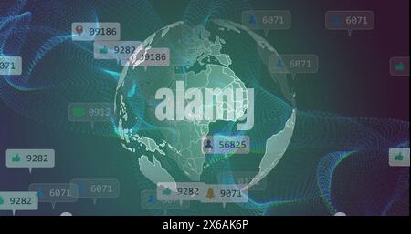 Bild von Social-Media-Ikonen über sich drehender Globus und digitaler Welle auf grünem Hintergrund mit Farbverlauf Stockfoto