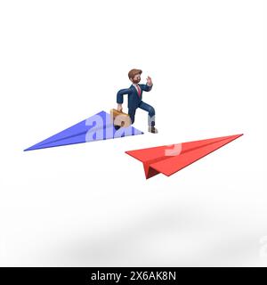 3D-Illustration des bärtigen amerikanischen Geschäftsmannes Bob springt von einem Flugzeug zum anderen, das in die entgegengesetzte Richtung fliegt.3D-Rendering auf weißem Hintergrund Stockfoto