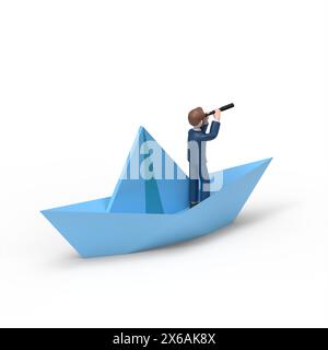 3D-Illustration eines bärtigen amerikanischen Geschäftsmannes Bob mit einem Teleskop segelt auf einem Papierboot, ein isometrisches Bild.3D-Rendering auf weißem Hintergrund Stockfoto