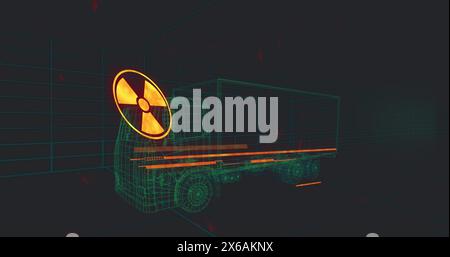 Bild des Warntextes 3D Automodell über Gitter auf schwarzem Hintergrund Stockfoto