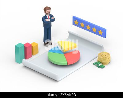 3D-Illustration des bärtigen amerikanischen Geschäftsmannes Bob steht neben einem Blatt Papier mit einem Tortendiagramm, Teilen Sie das Geschäft.3D-Rendering auf weißem Hintergrund Stockfoto