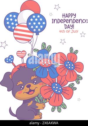 Fröhlicher festlicher Hund mit Blumenstrauß und Ballons in Farben der amerikanischen Flagge. Patriotischer Cartoon Rottweiler Welpe Tier. Feiertag 4. Juli Amer Stock Vektor