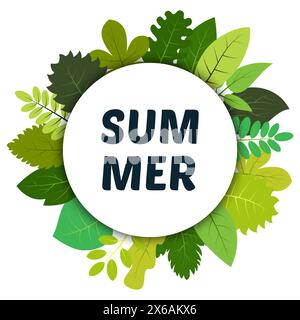 Grüne Sommerblätter unter weißem runden Etikett und Aufschrift Sommer. Vektorkarte mit grünen Blättern auf weißem Hintergrund Stock Vektor