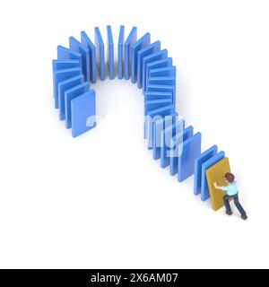 3D-Illustration des asiatischen Mannes Felix schiebt einen Domino in Form eines Fragezeichens.3D-Rendering auf weißem Hintergrund Stockfoto