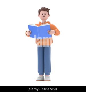 3D-Illustration des männlichen Guy Qadir mit Buch. Learning Concept.3D-Rendering auf weißem Hintergrund. Stockfoto