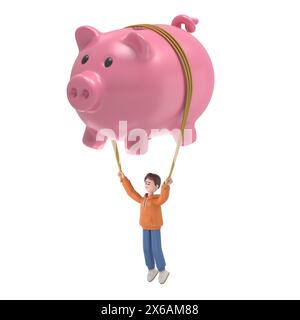 Flaches 3D-Konzept für isometrische finanzielle Freiheit Web-Infografiken 3D-Illustration. 3D-Illustration eines männlichen Guy Qadir Fliegen Schweinebank, der Ballon aufbläst. Crea Stockfoto