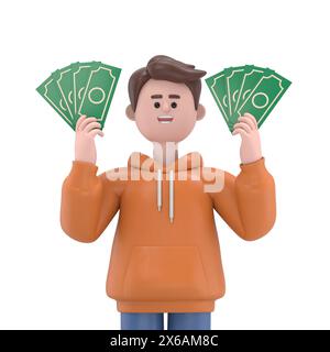 3D-Illustration des männlichen Qadir mit Geldscheine in der Hand. Der Begriff des Wohlstands. 3D-Illustration im Cartoon-Stil. Stockfoto