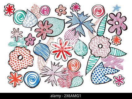 Blumen und Blätter im Doodle-Stil. Verschiedene Farben, schwarze Kontur. Rosa, Lila, Blau, Grün, Rot. Weißer Hintergrund. Elemente werden mit „Different“ gefüllt Stockfoto