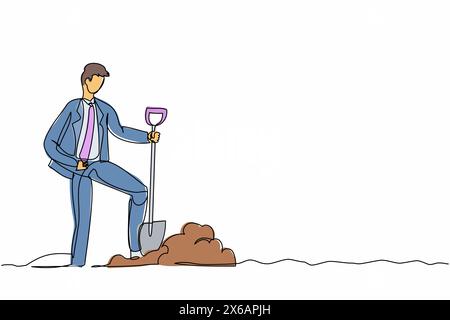 Einzelne durchgehende Linienzeichnung Geschäftsmann, der auf gegrabenem Boden steht und Schaufel hält. Ein Mann mit aufgeregtem Ausdruck findet Schätze im Dreck. Erfolgreich b Stock Vektor