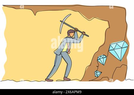 Eine einzige Linie zeichnet einen aktiven Geschäftsmann, der mit einer Spitzhacke grabt, um Diamanten zu bekommen. Arbeiter, der Diamanten in einem unterirdischen Tunnel gräbt und abbaut. Kontin Stock Vektor