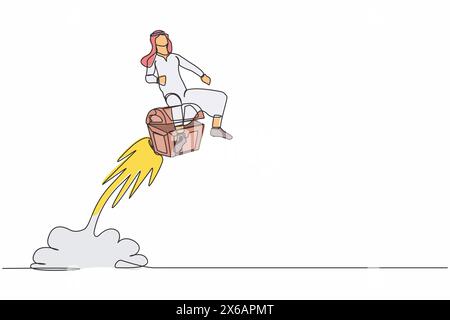 Eine durchgehende Linie zeichnet glücklicher arabischer Geschäftsmann, der Schatzkistenrakete reitet, die in den Himmel fliegt. Schatzsuche. Suche nach versteckter Truhe mit Gold, Stock Vektor