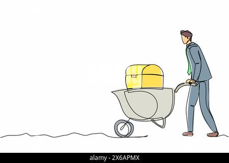 Einzelne durchgehende Linienzeichnung glücklicher Geschäftsmann, der den Wagen mit Schatzkiste schiebt. Schubkarre mit Gold, Schmuck, Schätzen. Wirtschaft und Finanzen. O Stock Vektor