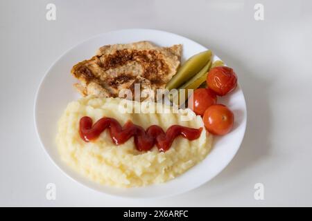 Köstliche Kartoffelpüree mit Hackfleisch und eingelegten Gurken und Tomaten auf dem weißen Teller vor Hintergrund. Stockfoto