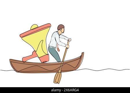 Eine einzige Linie zeichnet einen arabischen Geschäftsmann, der auf einem Boot mit Megaphon davonsegelt. Führungskraft, Kontrolle durch Megaphon, Führung und Teamarbeit. C Stock Vektor