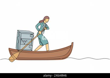 Durchgehend eine Linie zeichnende Geschäftsfrau, die auf dem Boot mit Safe davonsegelt. Unerwartete finanzielle Möglichkeiten, Kredite, Bankeinlagen schützen Stock Vektor