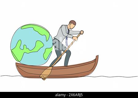 Eine einzeilige Zeichnung eines Geschäftsmannes, der im Boot steht und mit dem Globus segelt. Reisen Sie mit dem Schiff um die Welt. Tourismus- oder Reisekonzept. C Stock Vektor