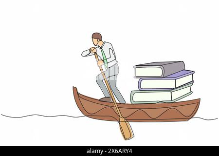 Durchgehende einzeilige Zeichnung intelligenter Geschäftsmann, der im Boot steht und mit einem Stapel Bücher segelt. Bildung, Fantasie, Fantasie, Intellekt-Konzept. Sünde Stock Vektor