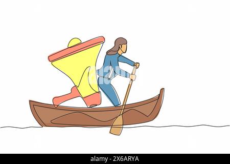 Eine einzige Linie zeichnet Geschäftsfrau, die auf einem Boot mit Megaphon davonsegelt. Führungskraft, Kontrolle durch Megaphon, Führung und Teamarbeit. Fortlaufend Stock Vektor