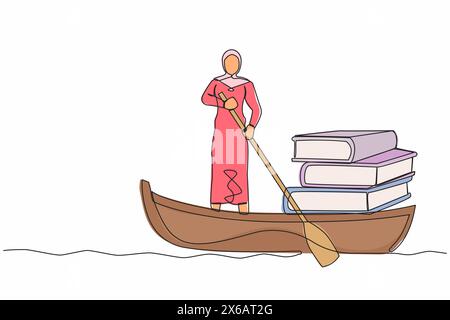 Eine durchgehende Linie zeichnet arabische Geschäftsfrau, die im Boot steht und mit Büchern segelt. Success Manager mit umfassendem Wissen. Studie und g Stock Vektor